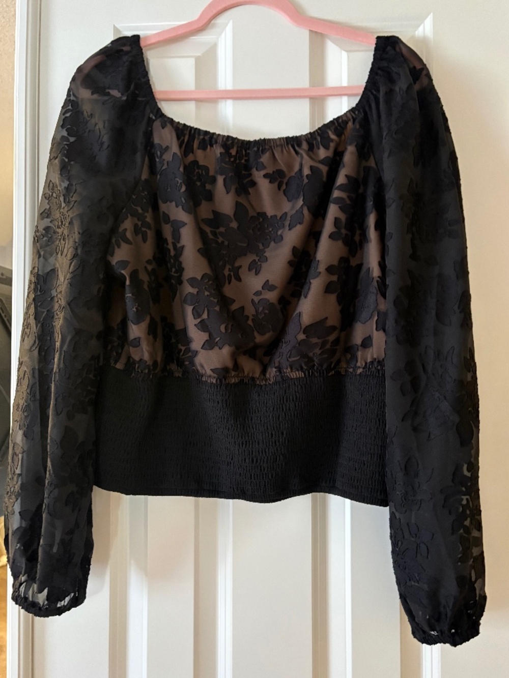 Anthropologie Current Air Black Floral Burnout Smocked Blouse XL
